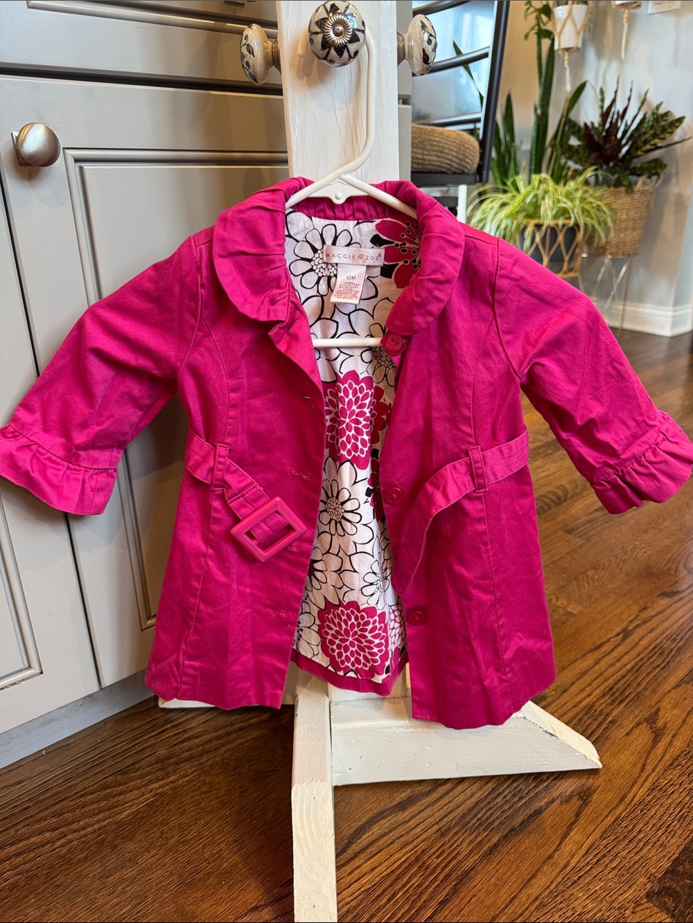 Baby Girl Bright Pink Trench Coat with Floral Lining size 12 Months